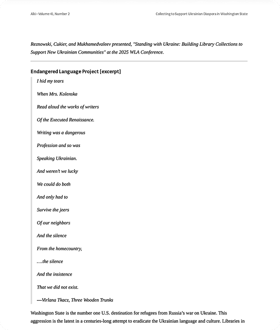 A page from the paper called 'Collecting to Support Ukrainian Diaspora in Washington State'